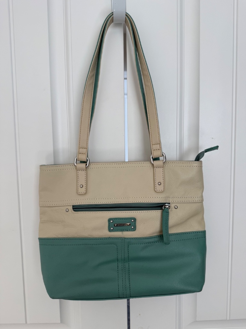 Stone & Co Teal Cream Leather Shoulder Tote Bag Colorblock